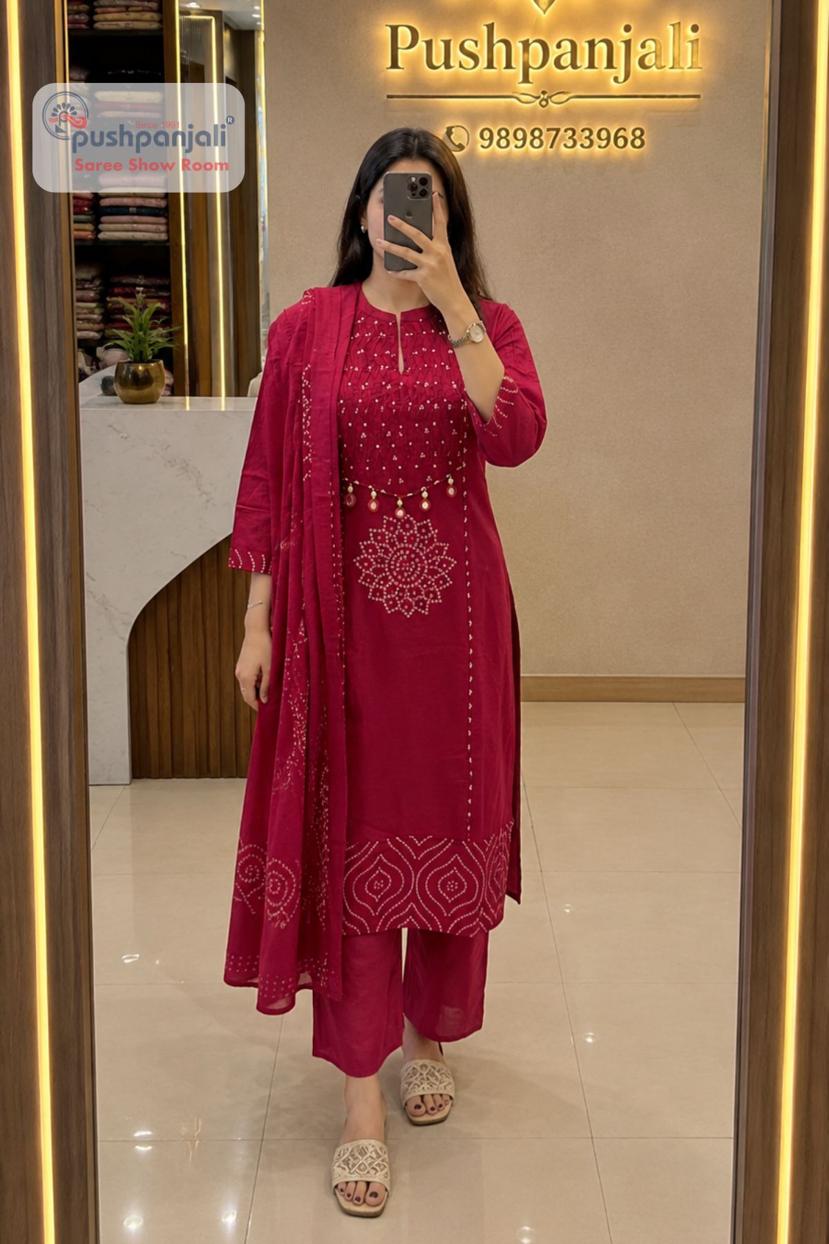 Women's Pure Cotton Rani Pink Printed Kurta Pant Dupatta Set (3-Piece Set) - Image 2