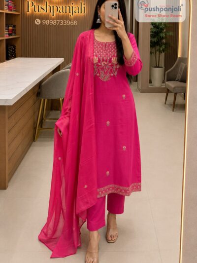 Women's Rani Pink Embroidered Kurta Pant Dupatta Set (3-Piece Set)