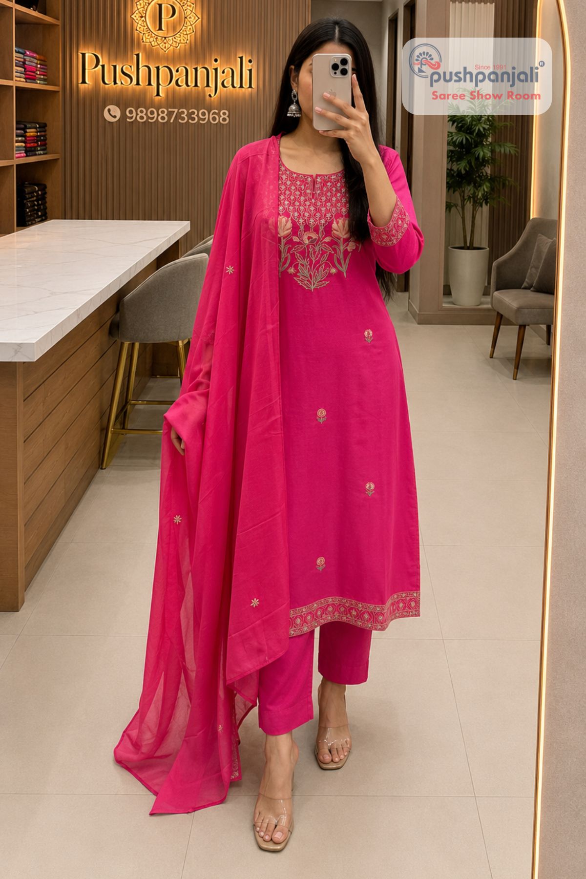 Women's Rani Pink Embroidered Kurta Pant Dupatta Set (3-Piece Set)