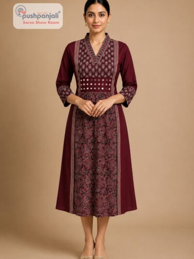Women's Maroon Printed A-Line Cotton Kurti