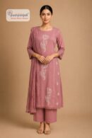 Women's Dusty Rose Embroidered Cotton Kurta Pant Dupatta Set