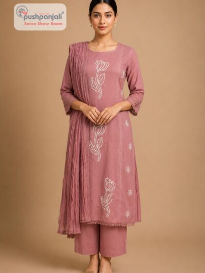 Women's Dusty Rose Embroidered Cotton Kurta Pant Dupatta Set