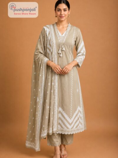 Women's Beige Printed Cotton Kurta Pant Dupatta Set