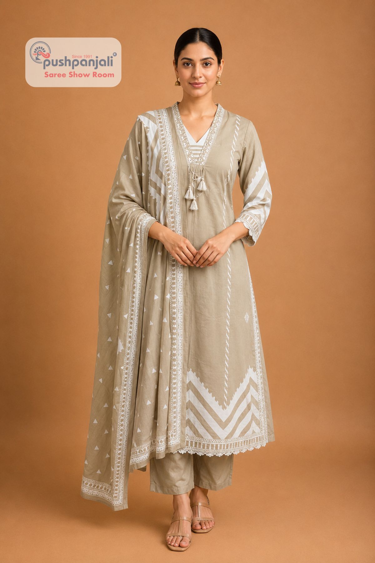 Women's Beige Printed Cotton Kurta Pant Dupatta Set