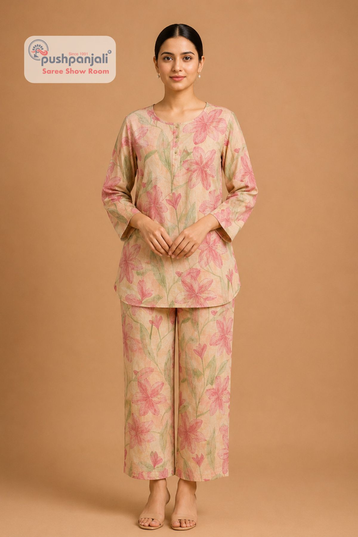 Women's Peach Floral Printed Co-ord Set