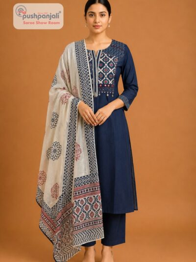 Women's Navy Blue Printed Cotton Kurta Pant Dupatta Set