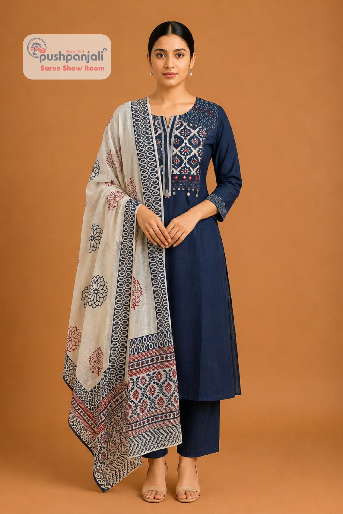 Women's Navy Blue Printed Cotton Kurta Pant Dupatta Set