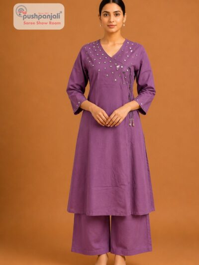 Women's Purple Mirror Work Cotton Kurta Pant Set