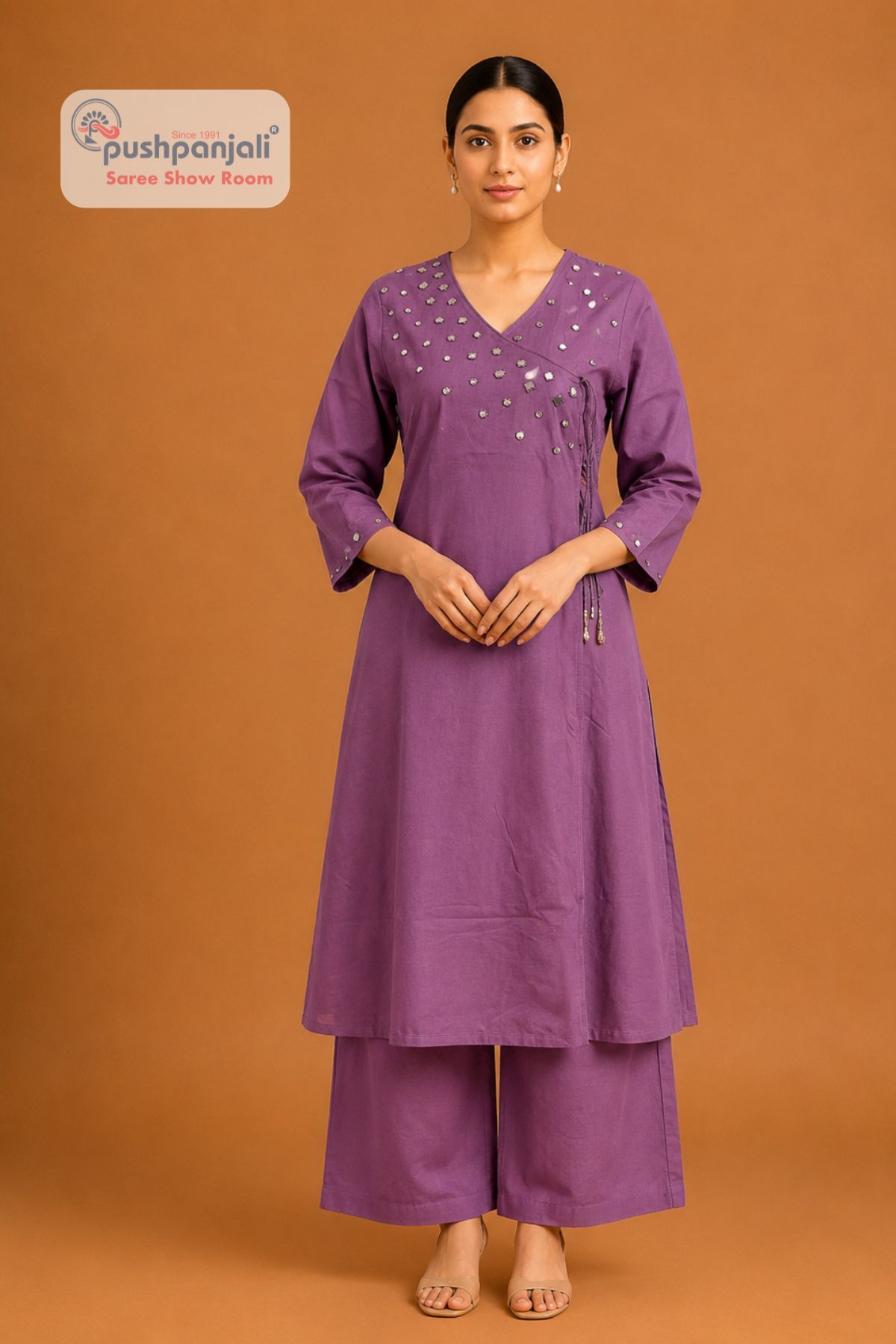 Women's Purple Mirror Work Cotton Kurta Pant Set