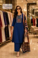 Women's Royal Blue Embroidered Kurta Pant Set with Printed Dupatta