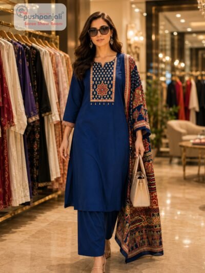 Women's Royal Blue Embroidered Kurta Pant Set with Printed Dupatta