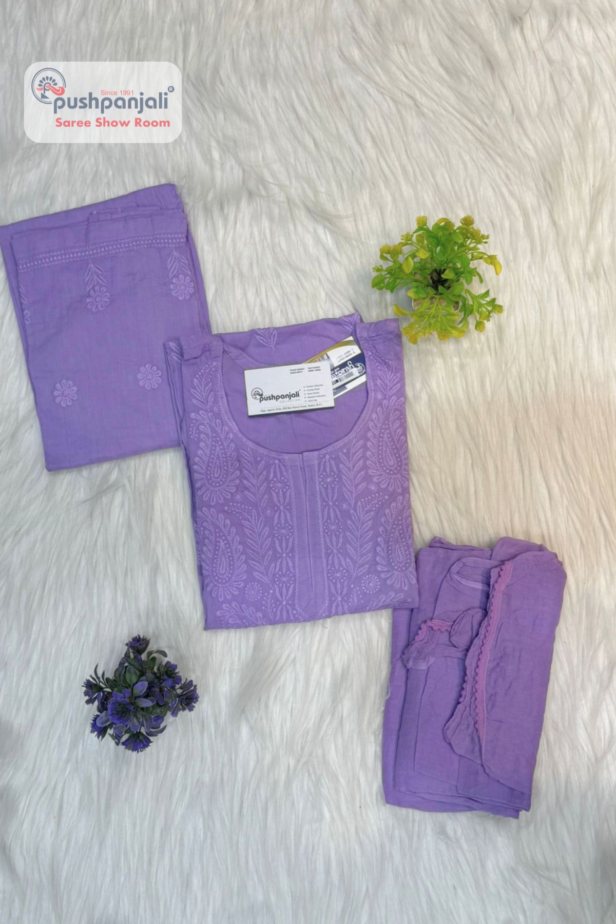 Lavender Pure Cotton Embroidered Kurta Pant Dupatta Set - Image 2