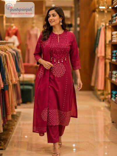 Women's Pure Cotton Rani Pink Printed Kurta Pant Dupatta Set (3-Piece Set)