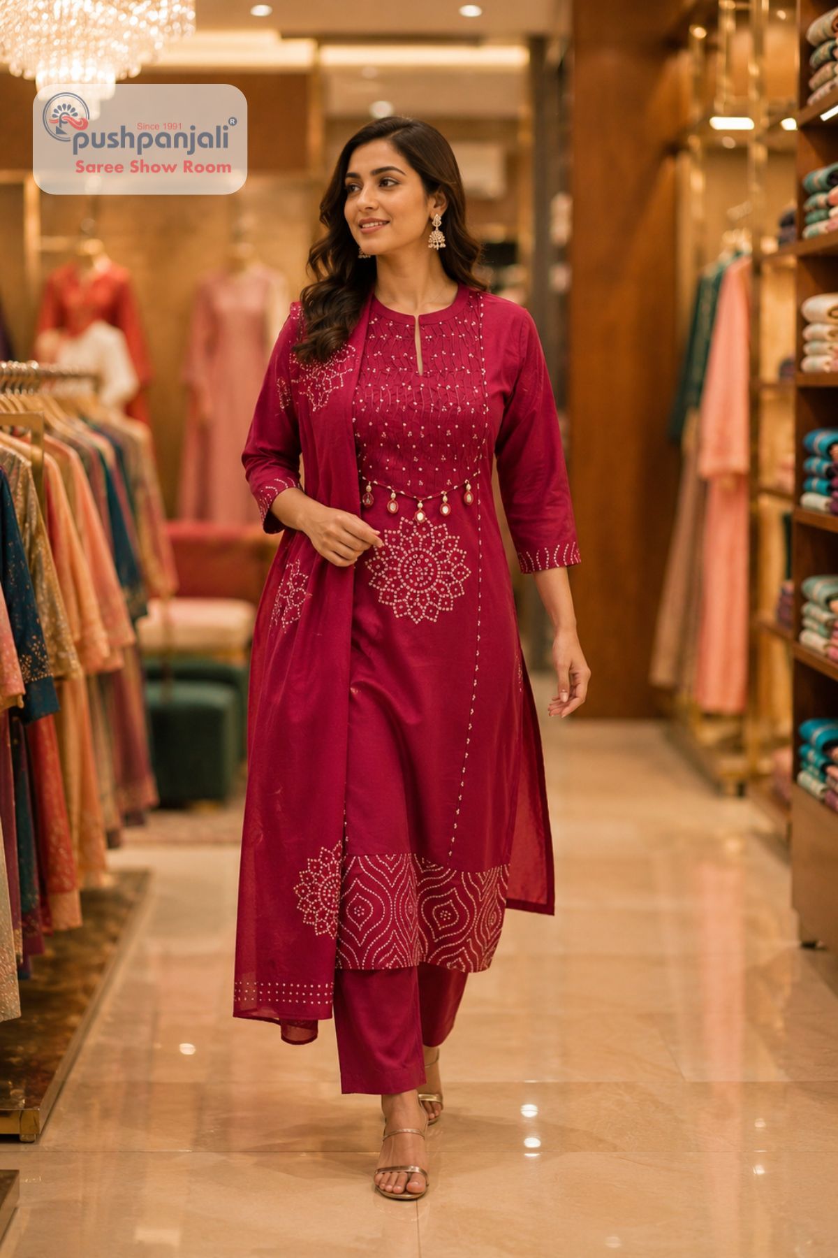 Women's Pure Cotton Rani Pink Printed Kurta Pant Dupatta Set (3-Piece Set)