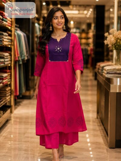 Rani Pink & Purple Embroidered 2 Piece Kurti Pant Set
