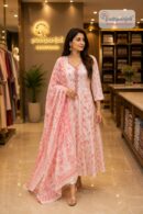 Women's White & Blush Pink Floral Printed Anarkali Kurta Pant Dupatta Set (3-Piece Set)