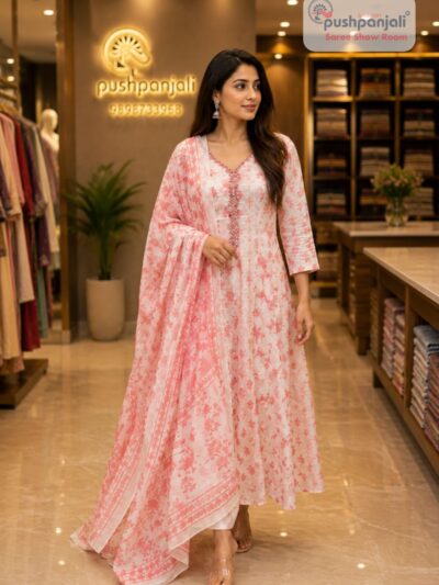 Women's White & Blush Pink Floral Printed Anarkali Kurta Pant Dupatta Set (3-Piece Set)