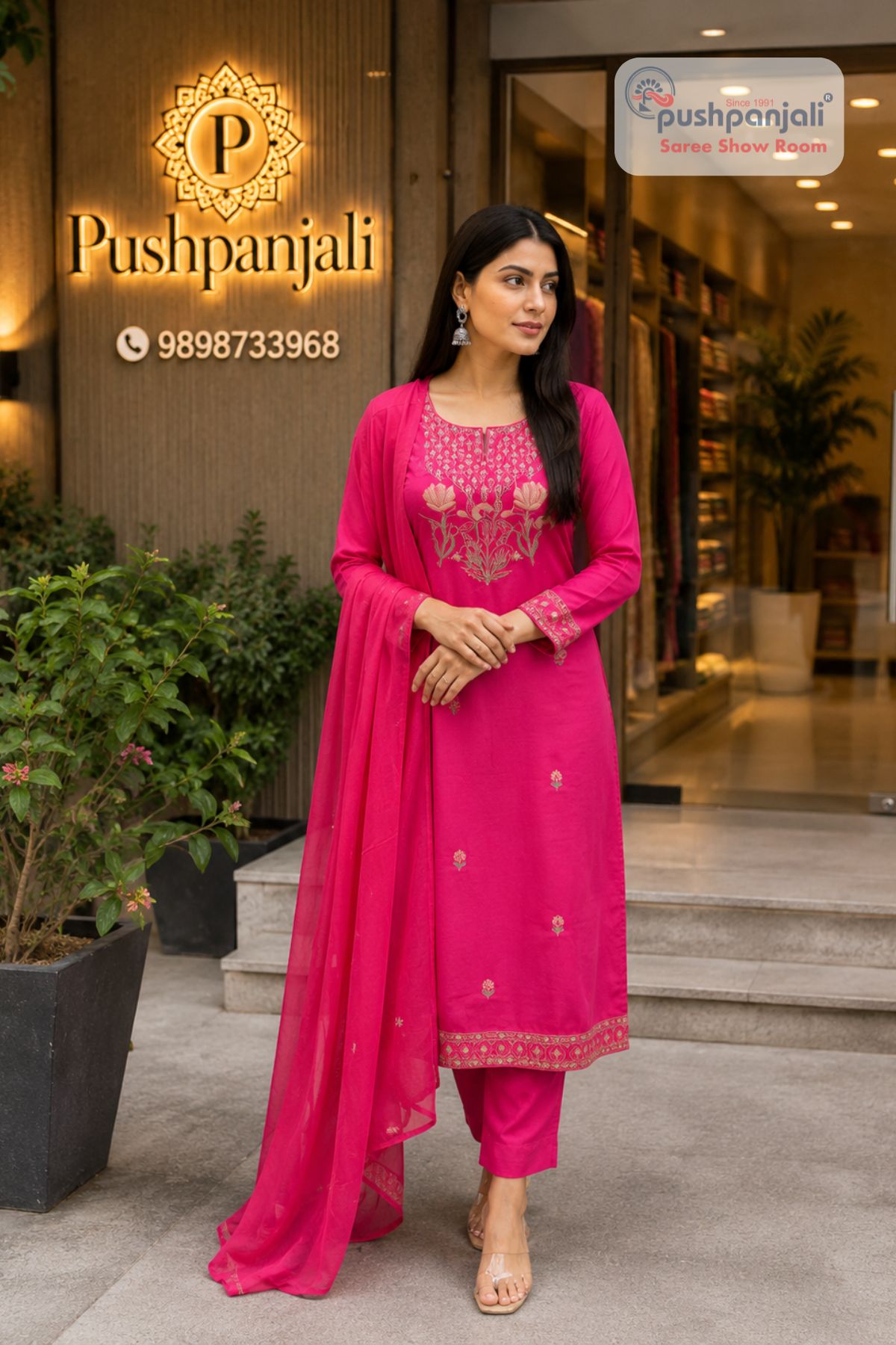 Women's Rani Pink Embroidered Kurta Pant Dupatta Set (3-Piece Set) - Image 2