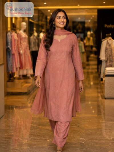 Dusty Rose Pure Cotton Embroidered Kurta Pant Dupatta Set