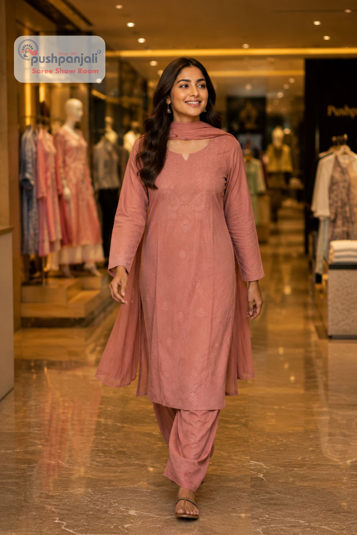 Dusty Rose Pure Cotton Embroidered Kurta Pant Dupatta Set