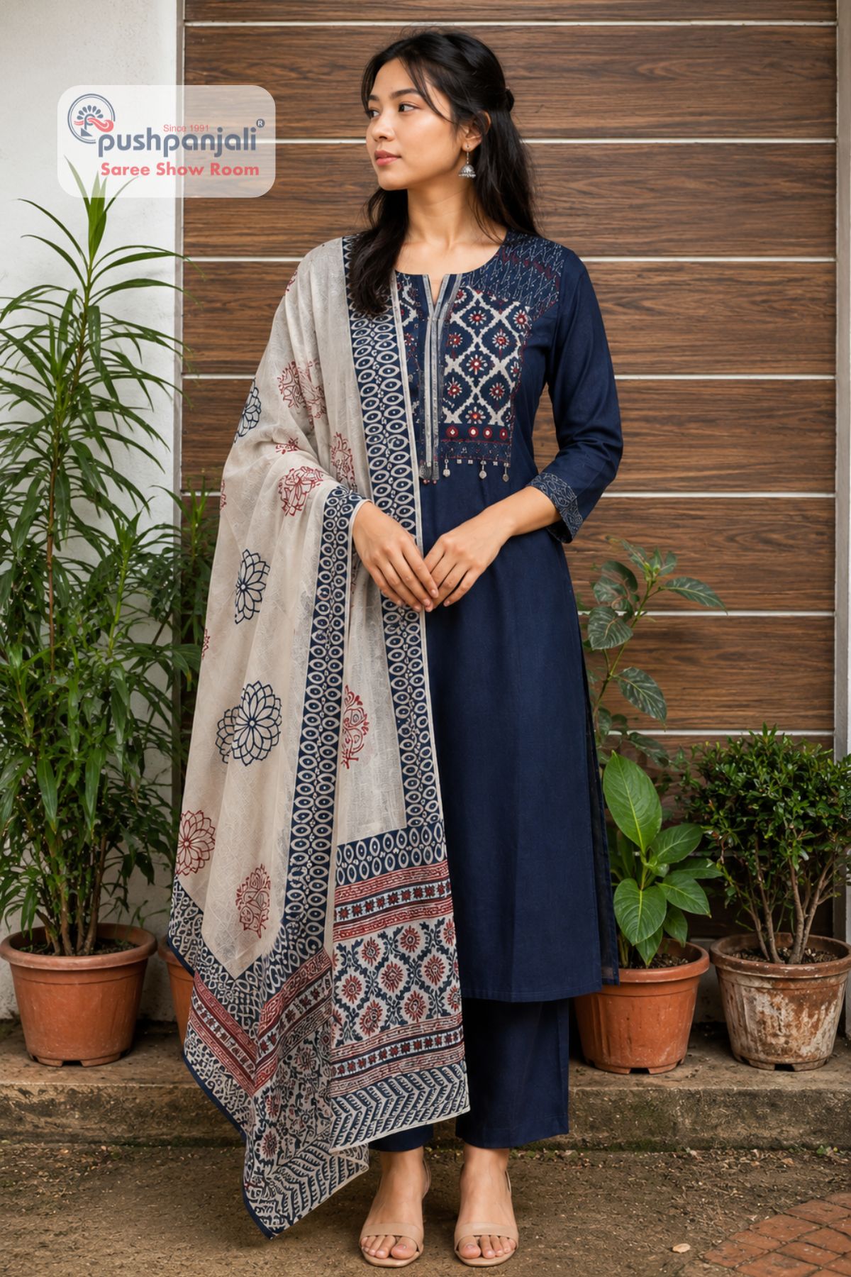 Women's Navy Blue Printed Cotton Kurta Pant Dupatta Set - Image 3