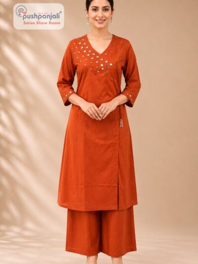 Women's Rust Orange Mirror Work Cotton Kurta Pant Set