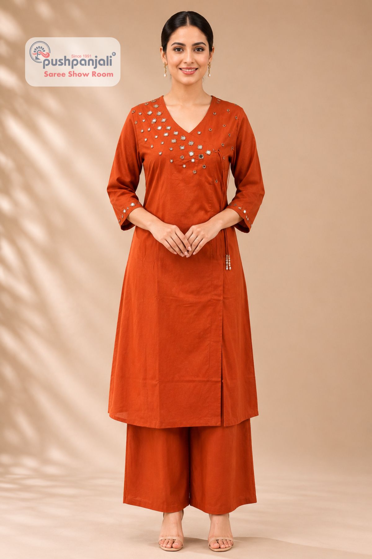 Women's Rust Orange Mirror Work Cotton Kurta Pant Set