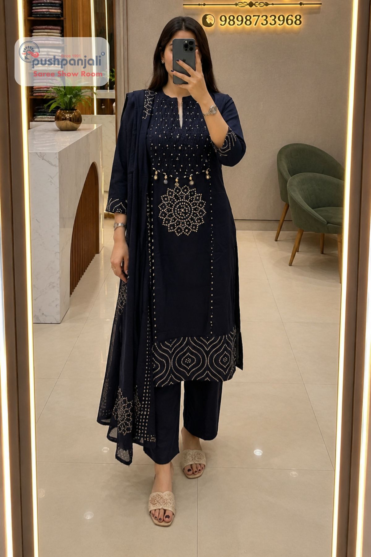 Women's Pure Cotton Navy Blue Printed Kurta Pant Dupatta Set (3-Piece Set) - Image 2