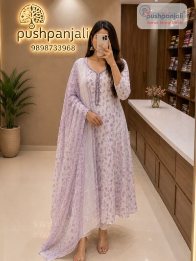 Women's White & Lavender Floral Printed Anarkali Kurta Pant Dupatta Set (3-Piece Set)
