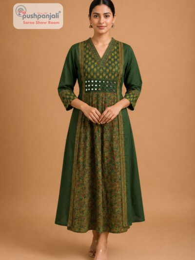 Women's Dark Green Printed A-Line Cotton Kurti