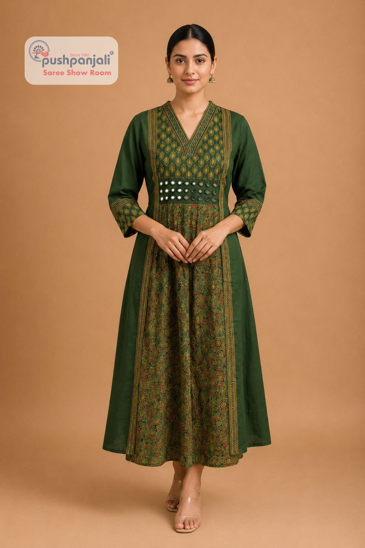 Women's Dark Green Printed A-Line Cotton Kurti