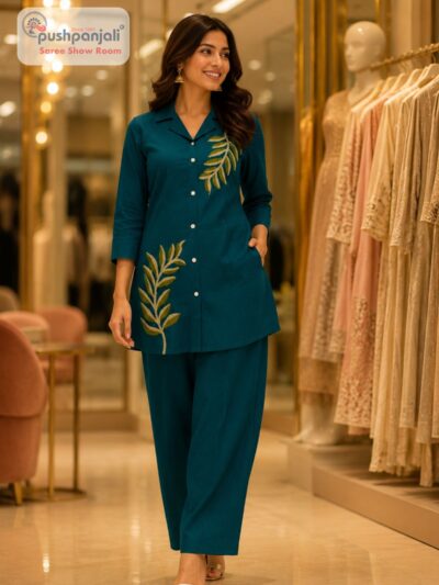 Teal Green Leaf Embroidered Co-Ord Set