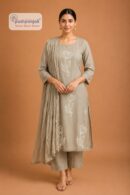 Women's Taupe Embroidered Cotton Kurta Pant Dupatta Set