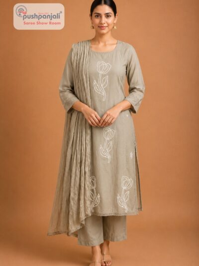 Women's Taupe Embroidered Cotton Kurta Pant Dupatta Set