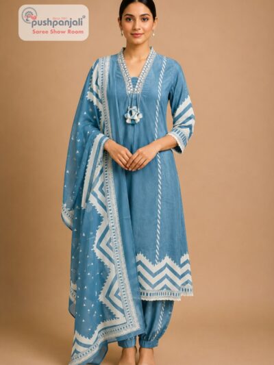 Women's Sky Blue Printed Cotton Kurta Pant Dupatta Set