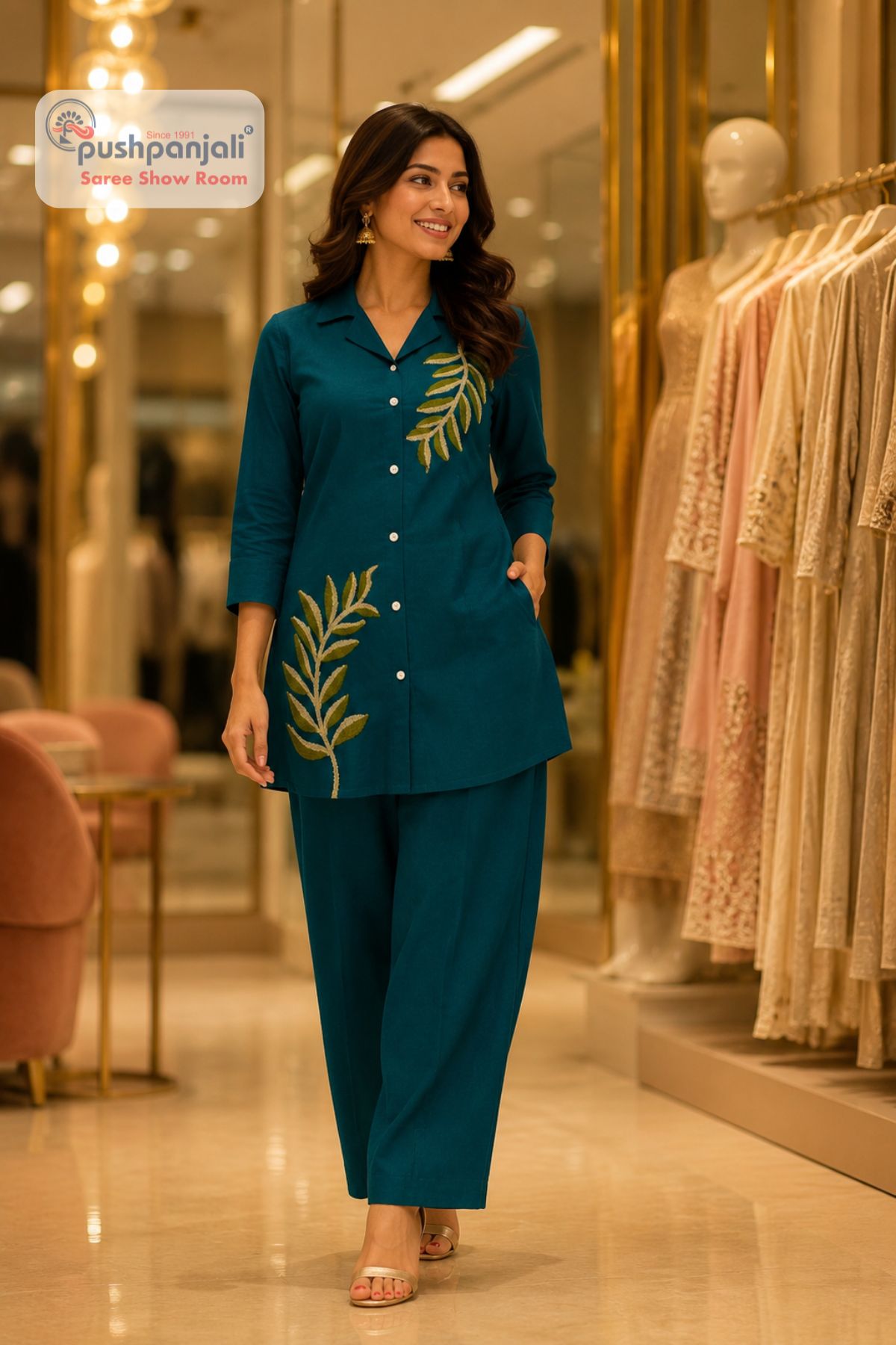 Teal Green Leaf Embroidered Co-Ord Set