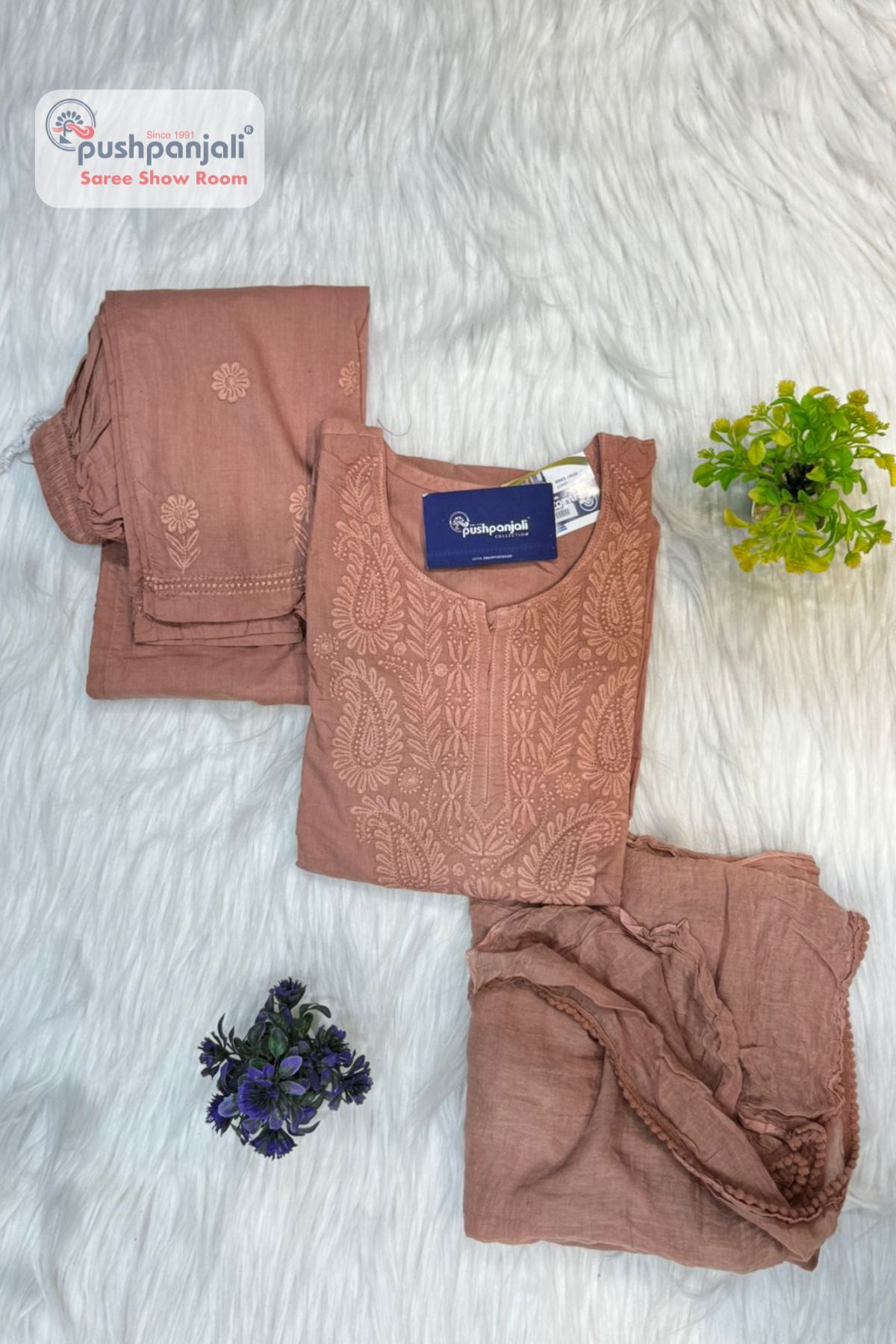 Dusty Rose Pure Cotton Embroidered Kurta Pant Dupatta Set - Image 2