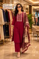 Women's Wine Embroidered Kurta Pant Set with Printed Dupatta