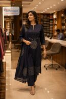 Women's Pure Cotton Navy Blue Printed Kurta Pant Dupatta Set (3-Piece Set)