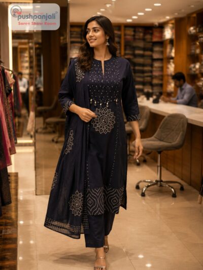 Women's Pure Cotton Navy Blue Printed Kurta Pant Dupatta Set (3-Piece Set)