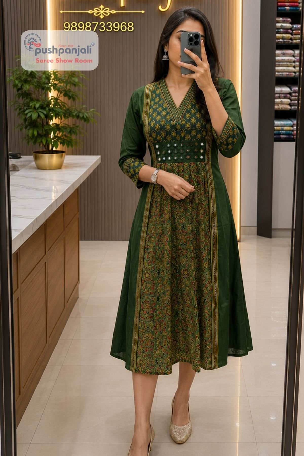 Women's Dark Green Printed A-Line Cotton Kurti - Image 2