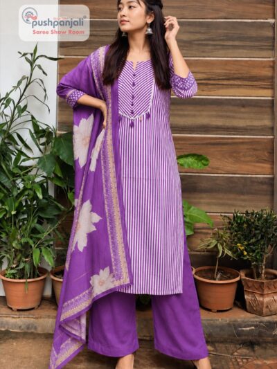 Women's Purple Striped Kurta Palazzo Dupatta Set