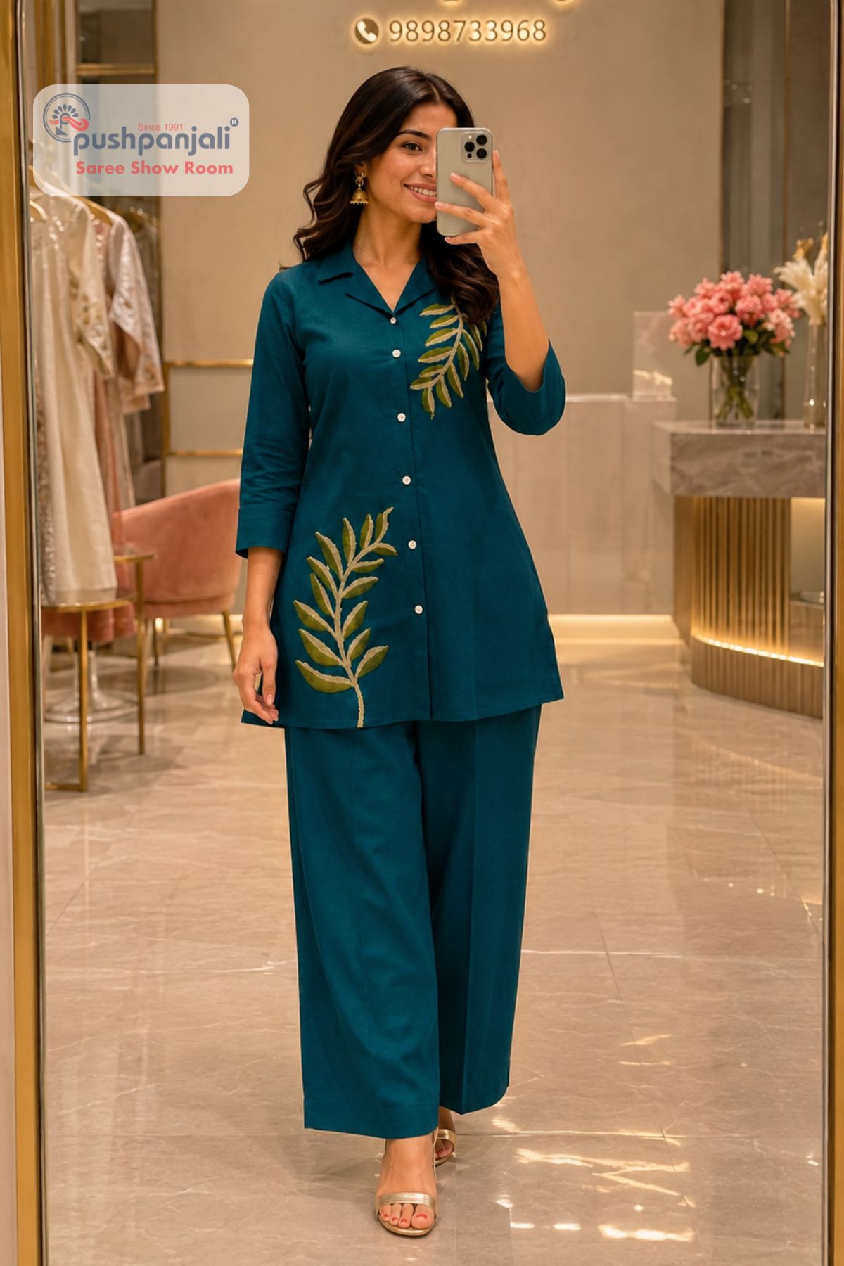 Teal Green Leaf Embroidered Co-Ord Set - Image 2