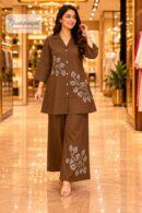 Coffee Brown Leaf Embroidered Co-Ord Set