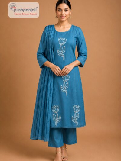 Women's Teal Blue Embroidered Cotton Kurta Pant Dupatta Set