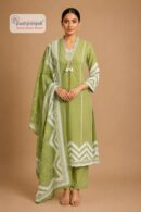Women's Olive Green Printed Cotton Kurta Pant Dupatta Set