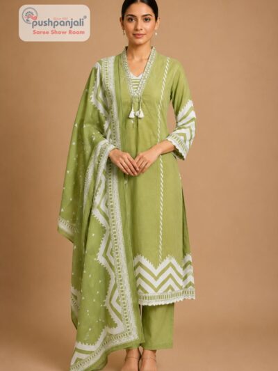 Women's Olive Green Printed Cotton Kurta Pant Dupatta Set