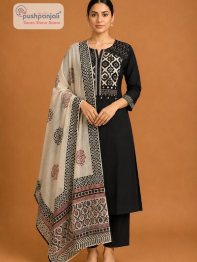 Women's Black Printed Cotton Kurta Pant Dupatta Set