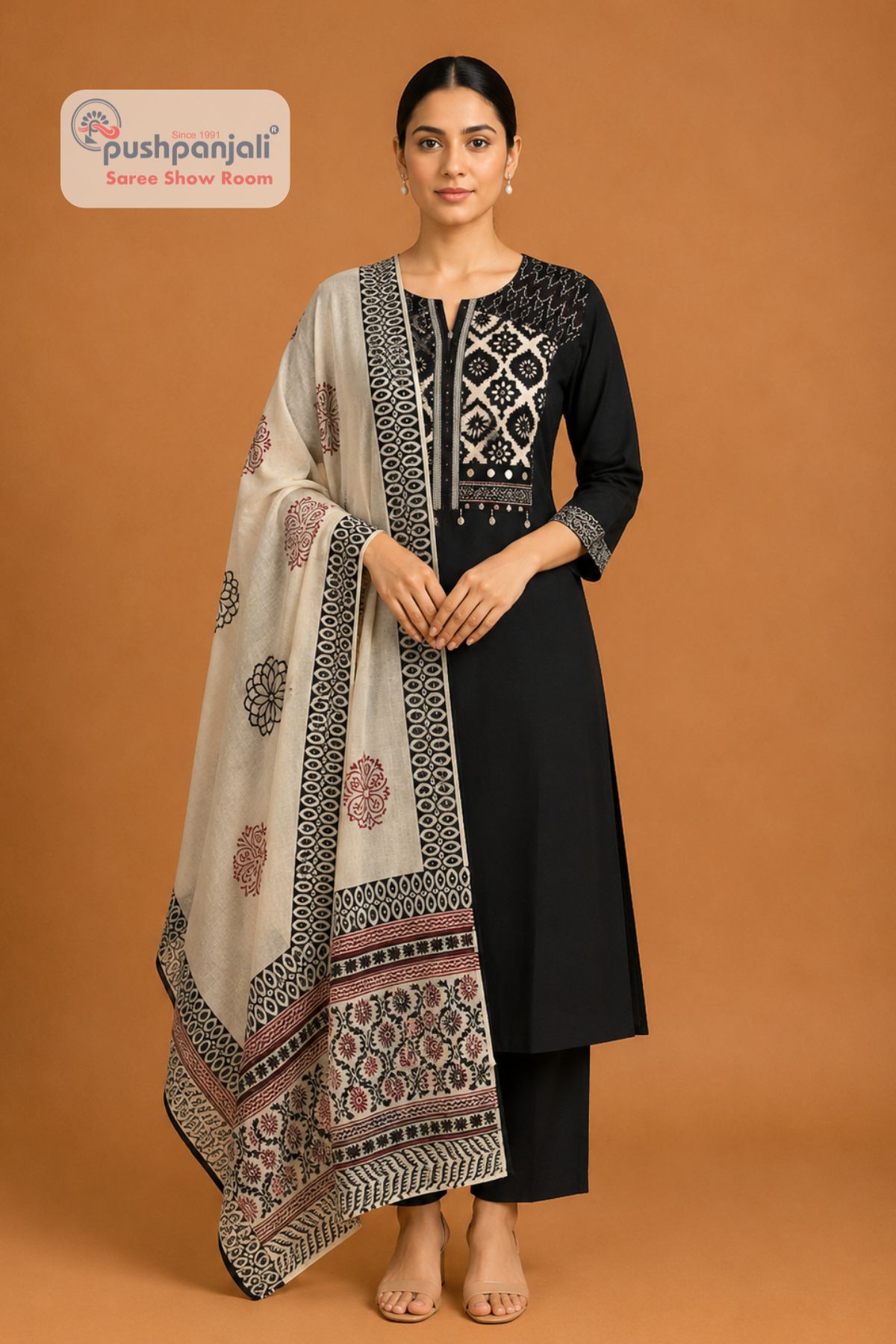 Women's Black Printed Cotton Kurta Pant Dupatta Set