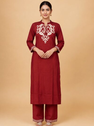 Women's Maroon Embroidered Straight Kurta Pant Set (2 Piece Set)